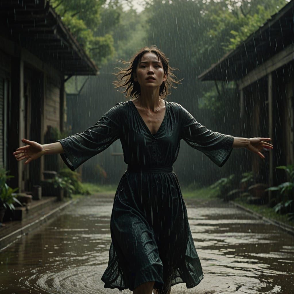 Ethereal Woman in Rainy Downpour, Cinematic Film Still