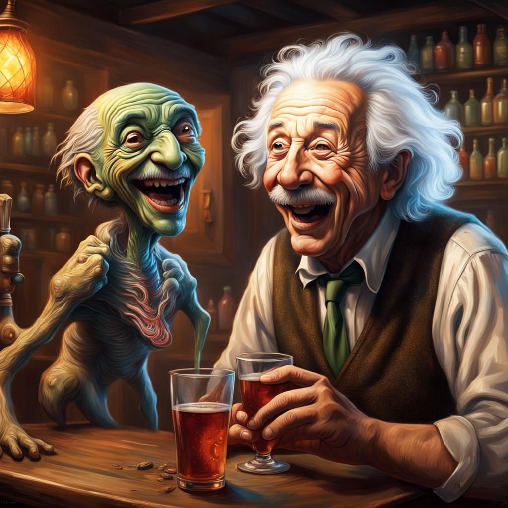 Einstein and Alien Share a Joke: Hyperrealistic Tavern Scene