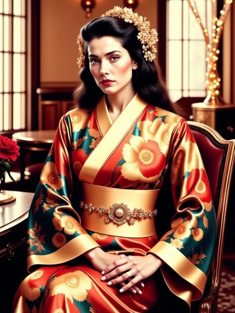 French Woman in Black and Gold Kimono