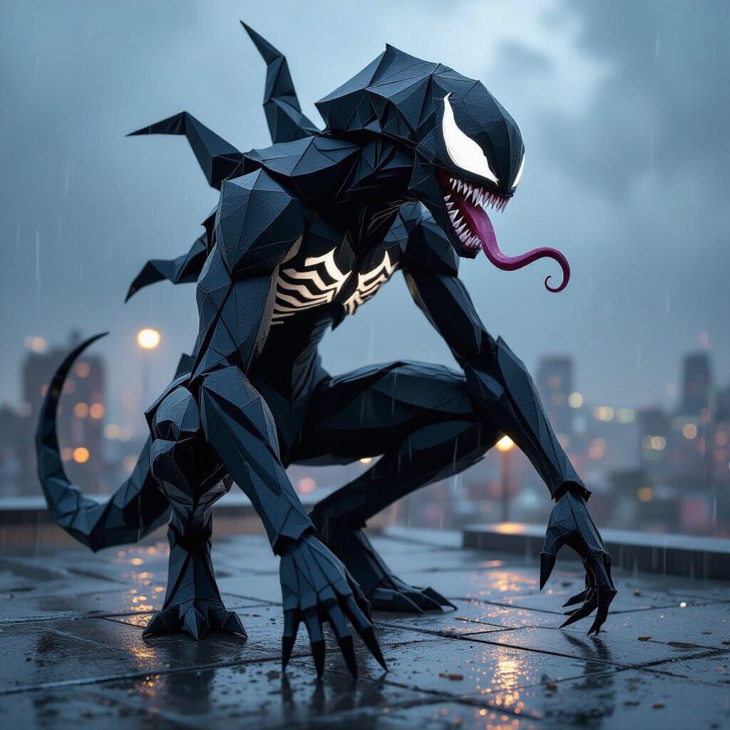 Origami Alien Symbiote on Rooftop - 8k Digital Painting