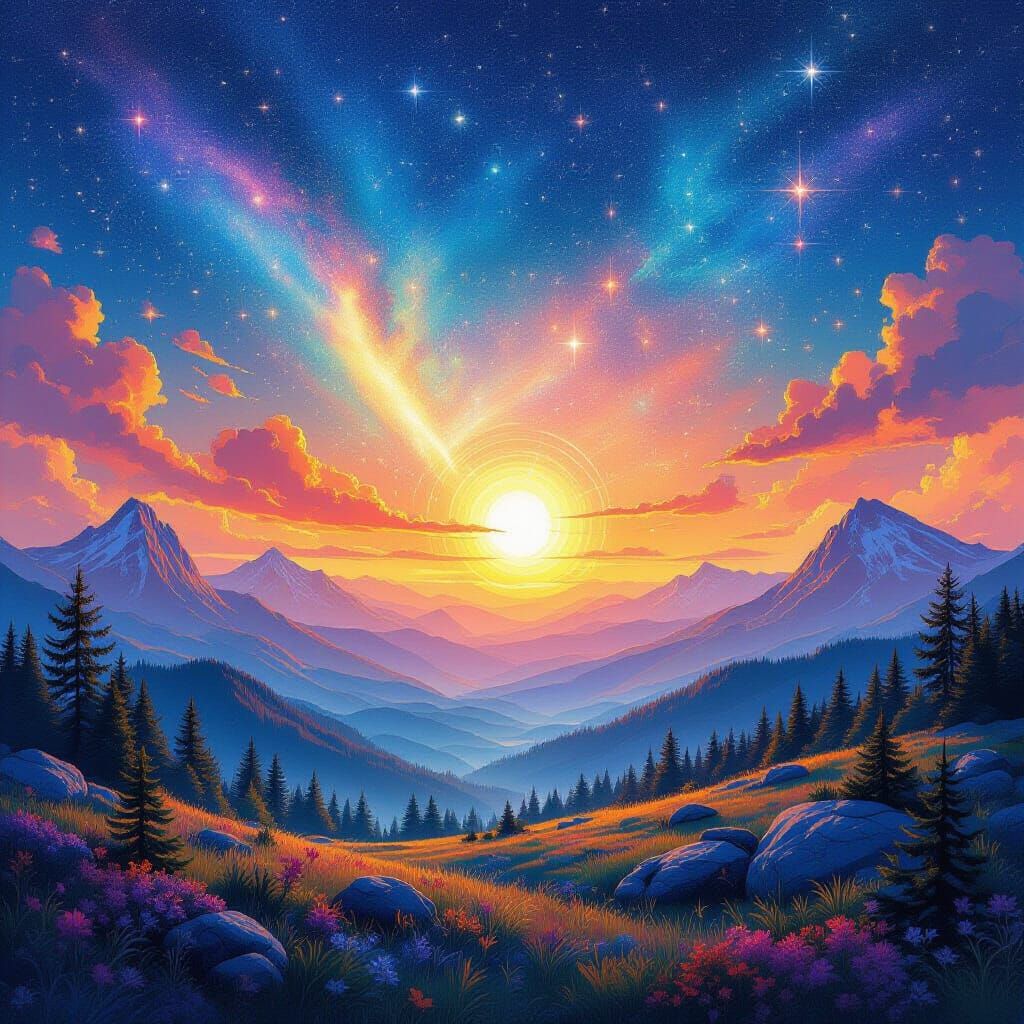 Solarpunk Landscape Artwork with Luminous Sun