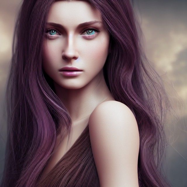 Photorealistic Portrait: Woman with Brown Hair and Purple Ey...