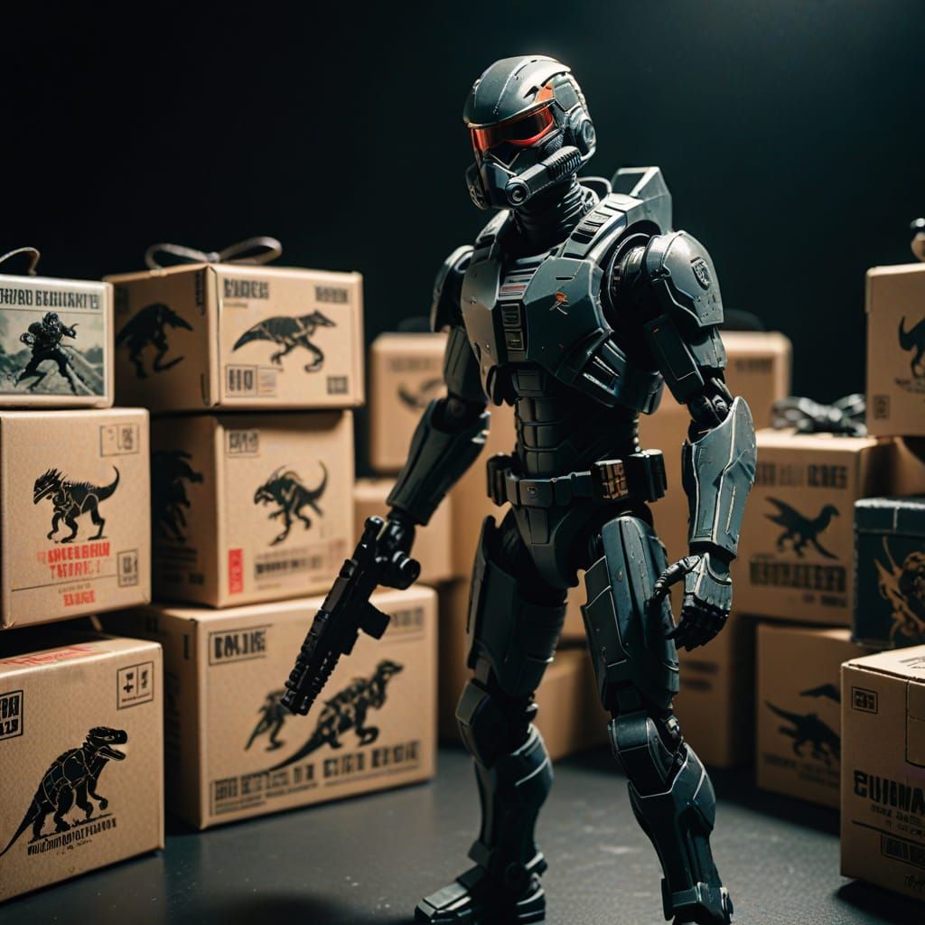 Epic Cinematic Film Still of Action Figure Boxes