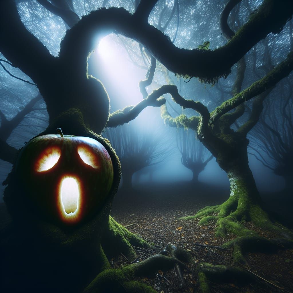 A “screaming apple “ hanging from a branch of a gnarly apple tree, in a dark forest. Stream of light from the sky lighti...