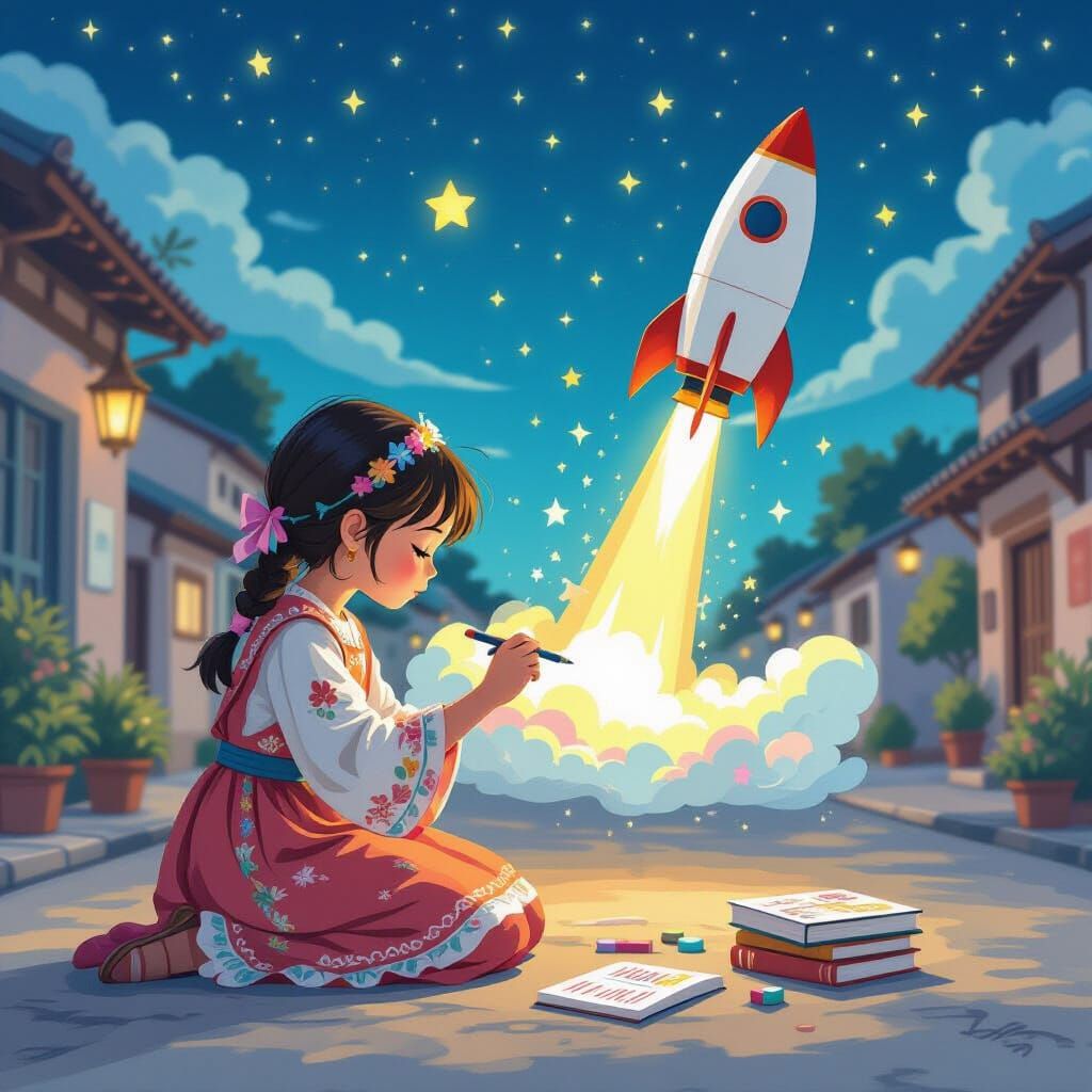 Girl's Chalk Art: Rocket Launch in Dreamy Style