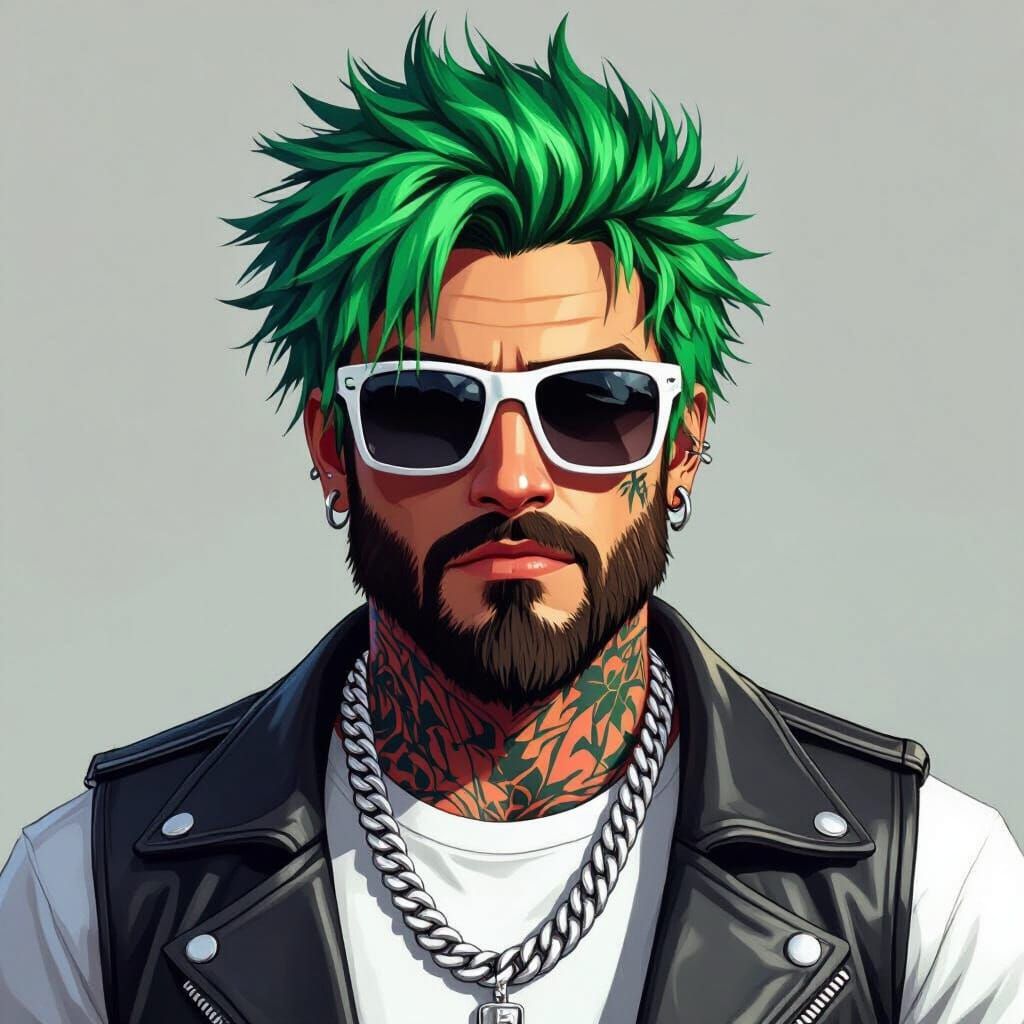 Character with Green Hair and Tattoos in GTA Style