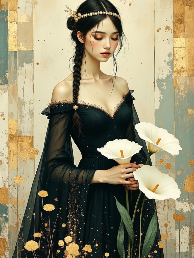 Medieval Princess with Japanese Features in Sheer Dress Hold...