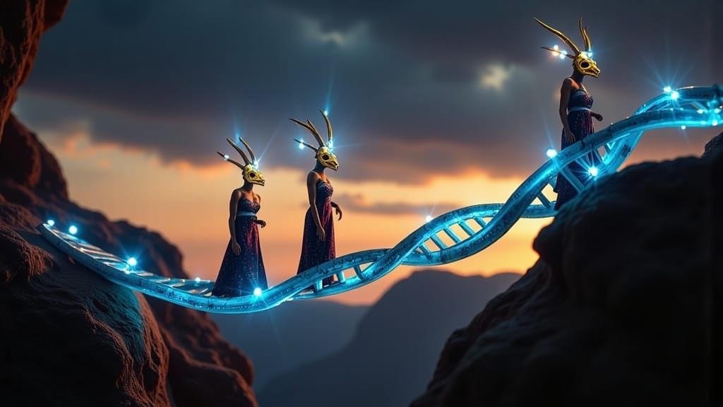 Surreal Women Dance on DNA Bridge in Hyper-Realistic Art