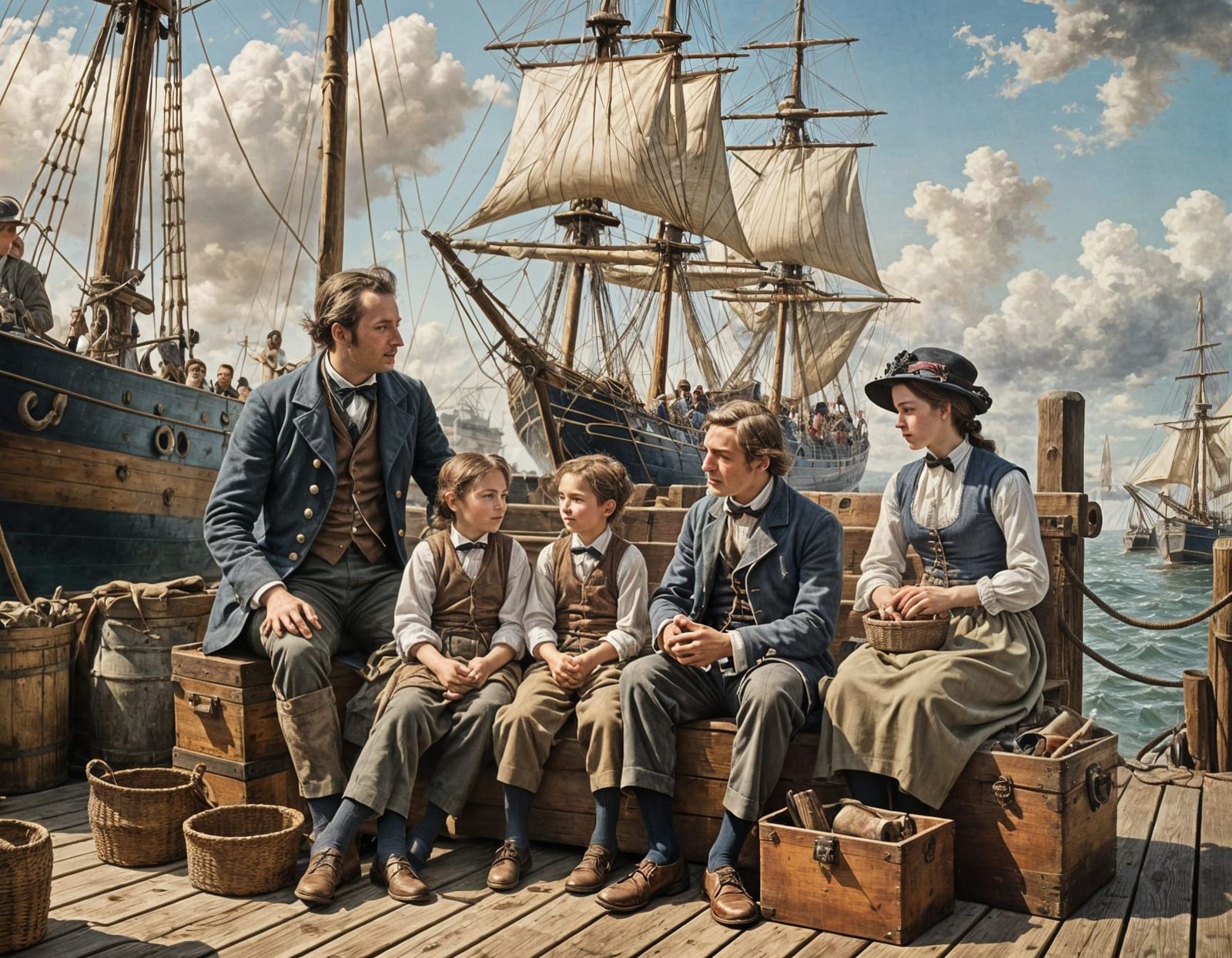Emigration: Family Awaiting Sailing Ship, 19th Century Paint...