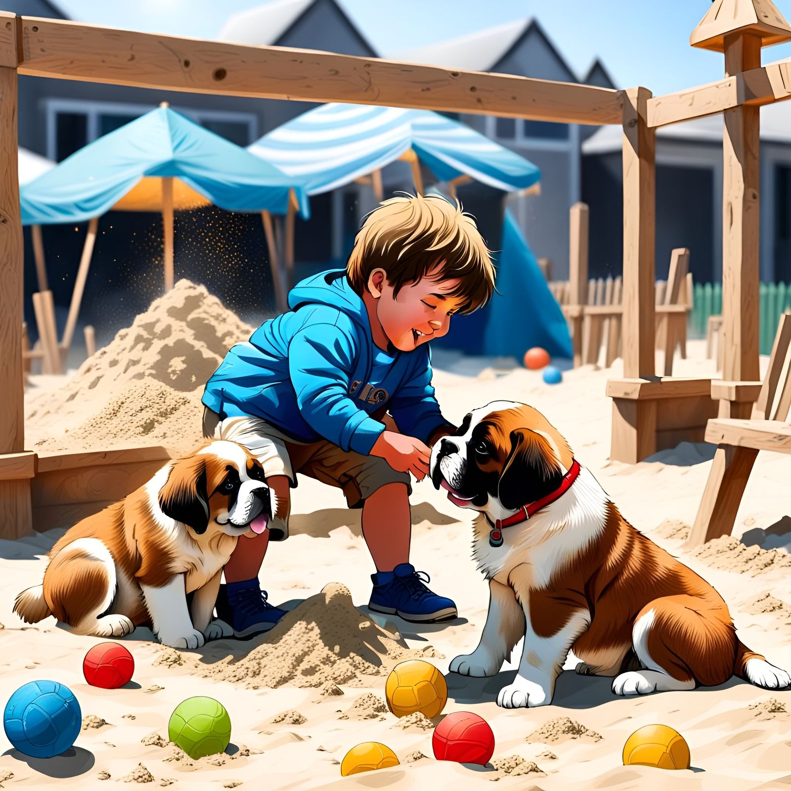 Boy and St. Bernard Puppy on Beach