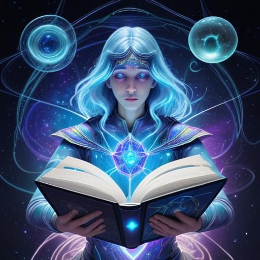 Wizard Holding Portal Book in Cosmic Illustration