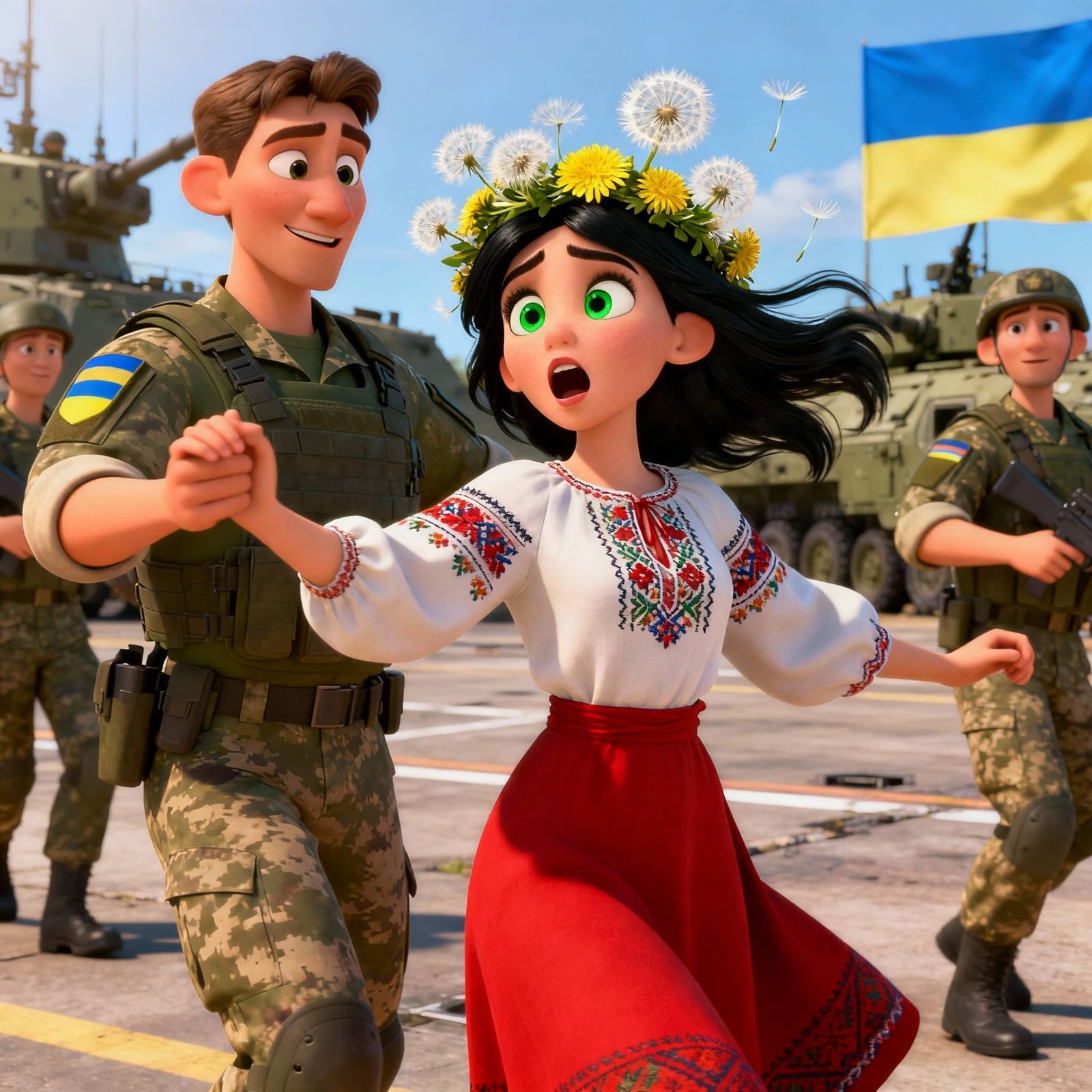 Ukrainian Soldier and Queen Dancing in Pixar Animation Style