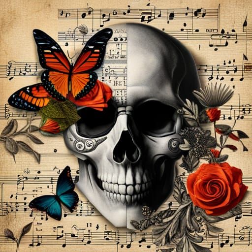 Intricate Skull Collage with Flowers and Butterflies