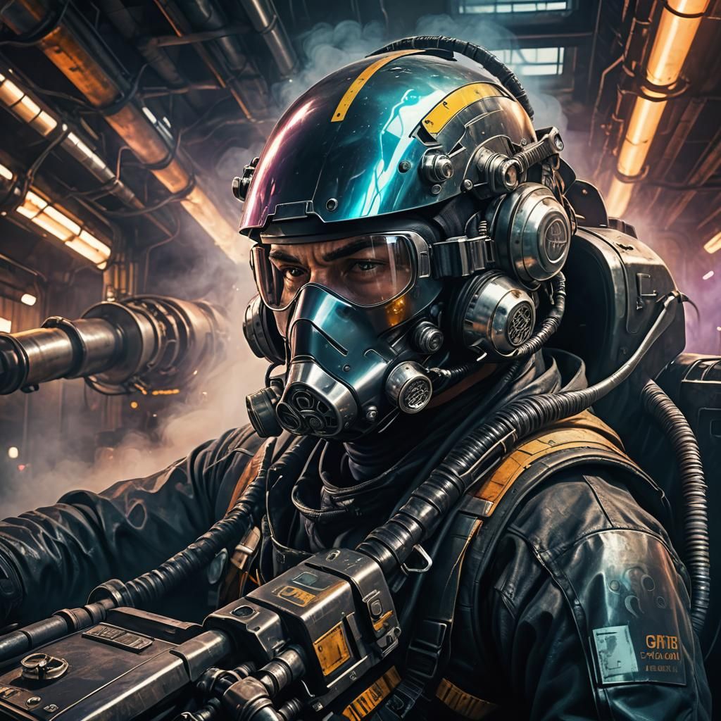 Cyberpunk Driver in High-Tech Car Spewing Fumes