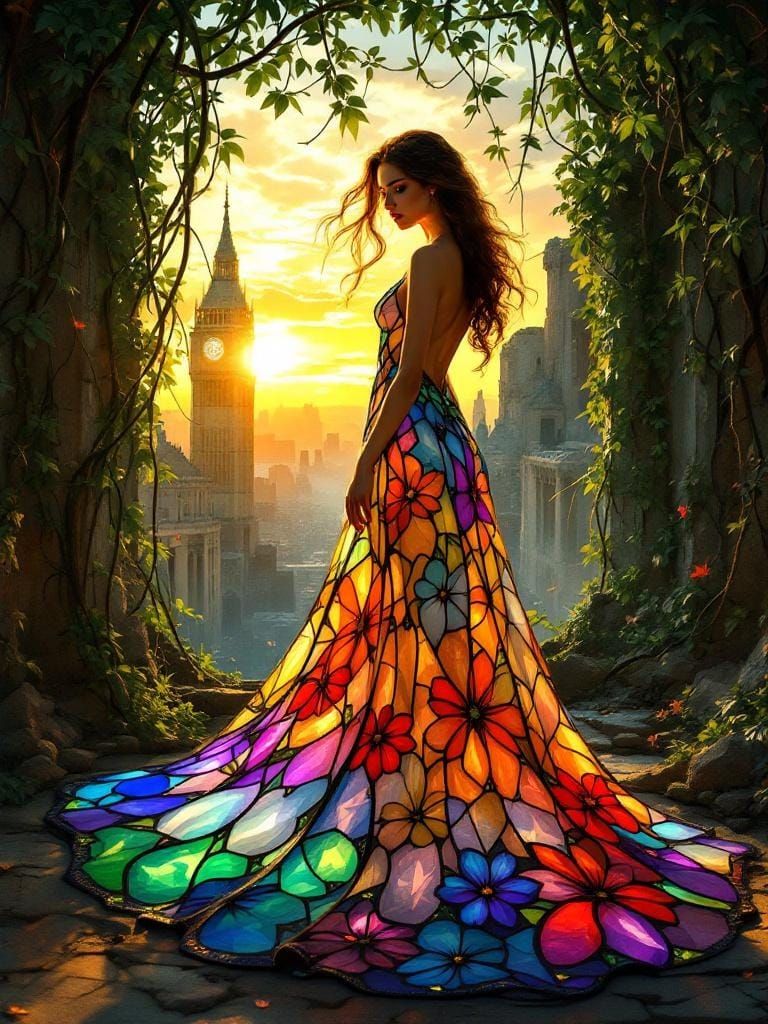 Stained-Glass Woman in Decayed City, Art Nouveau Style