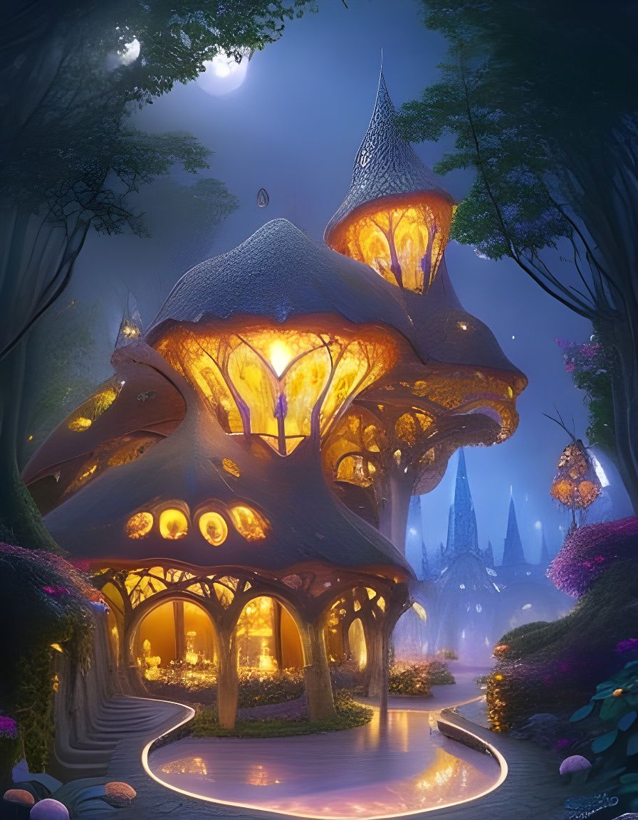 Magical Art Nouveau Fairy House Under Starry Sky