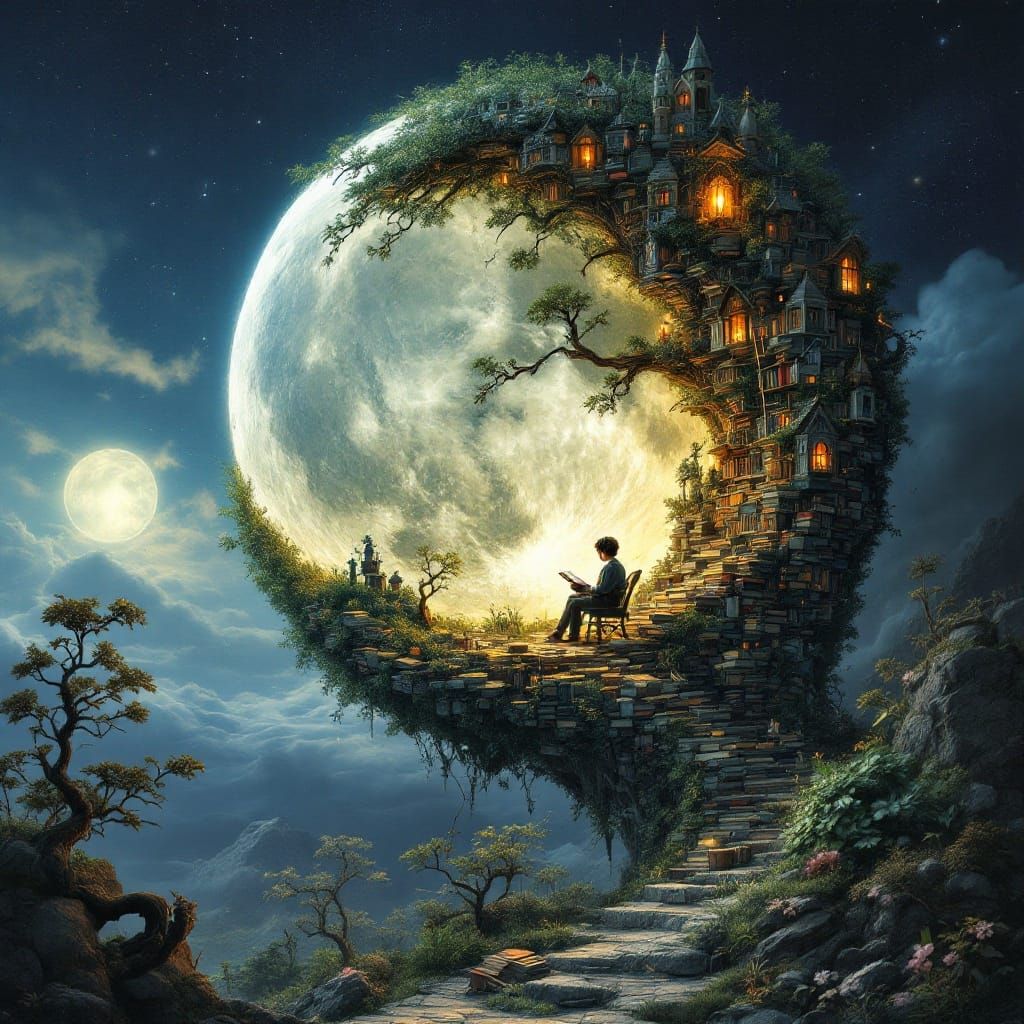 Surreal Library Scene under the Twisted Silver Moon