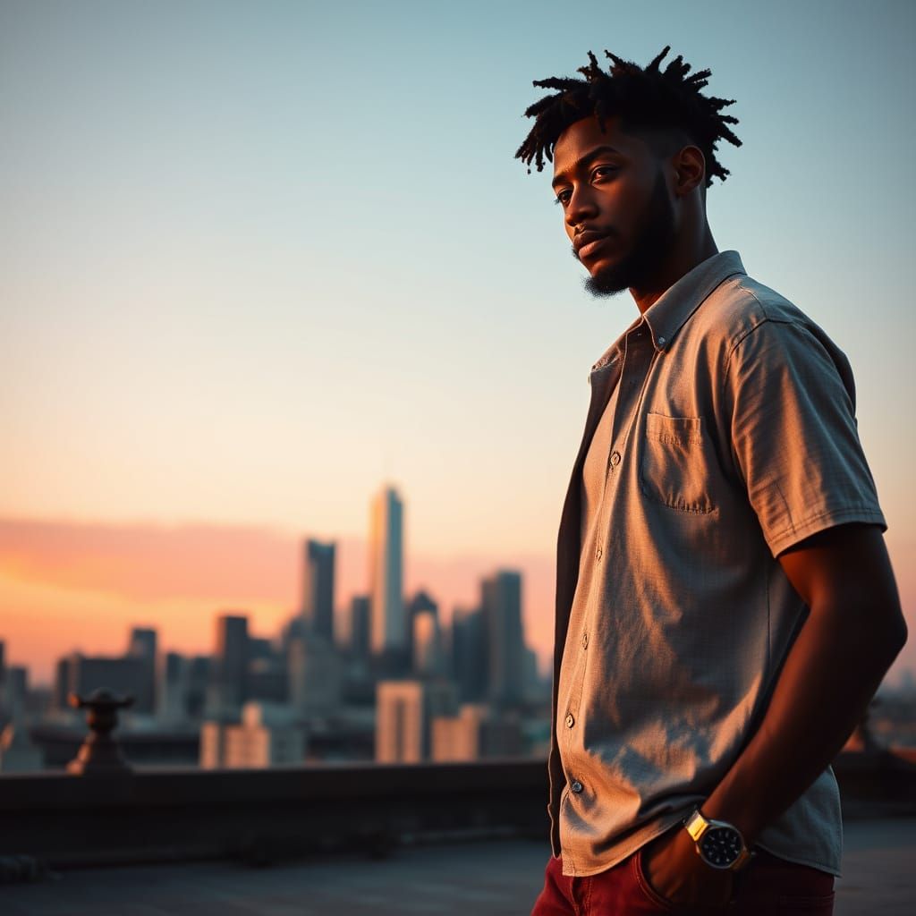 African Man Contemplates City at Dawn
