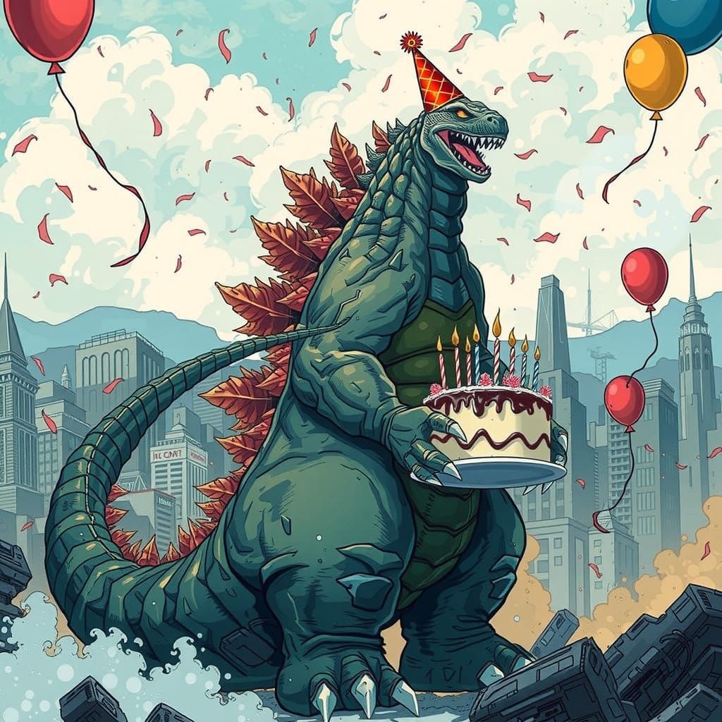 Godzilla Celebrates in Industrial Futurist Style