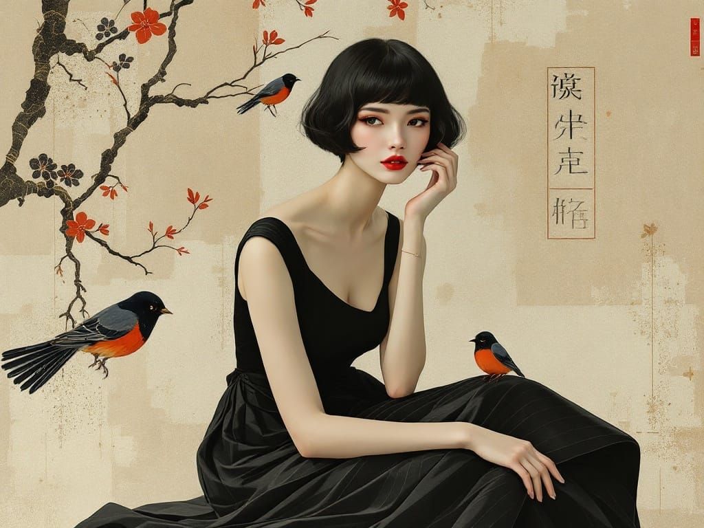 Elegant Woman in Black Dress, Surrounded by Spring's Secrets