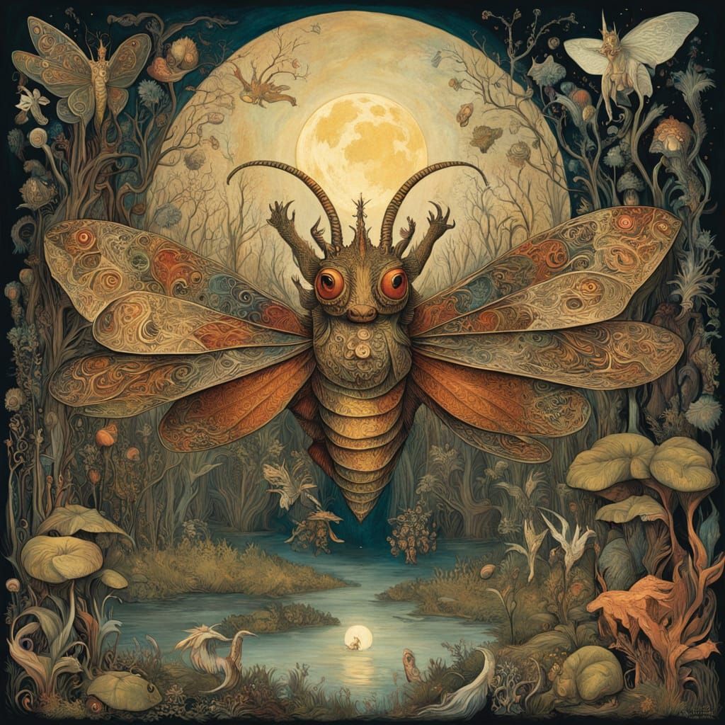 A Mothadile, a bizarre hybrid of crocodile and moth, with fuzzy moth wings adorned with intricate patterns, prowls the m...