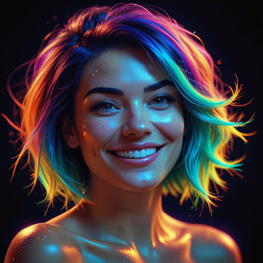 Smiling Woman in Pop Art Style with Neon Lights
