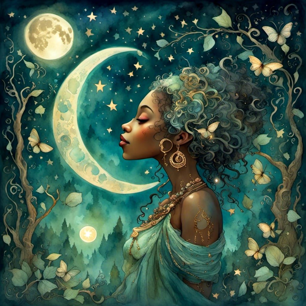African American Moon Goddess in Enchanted Forest