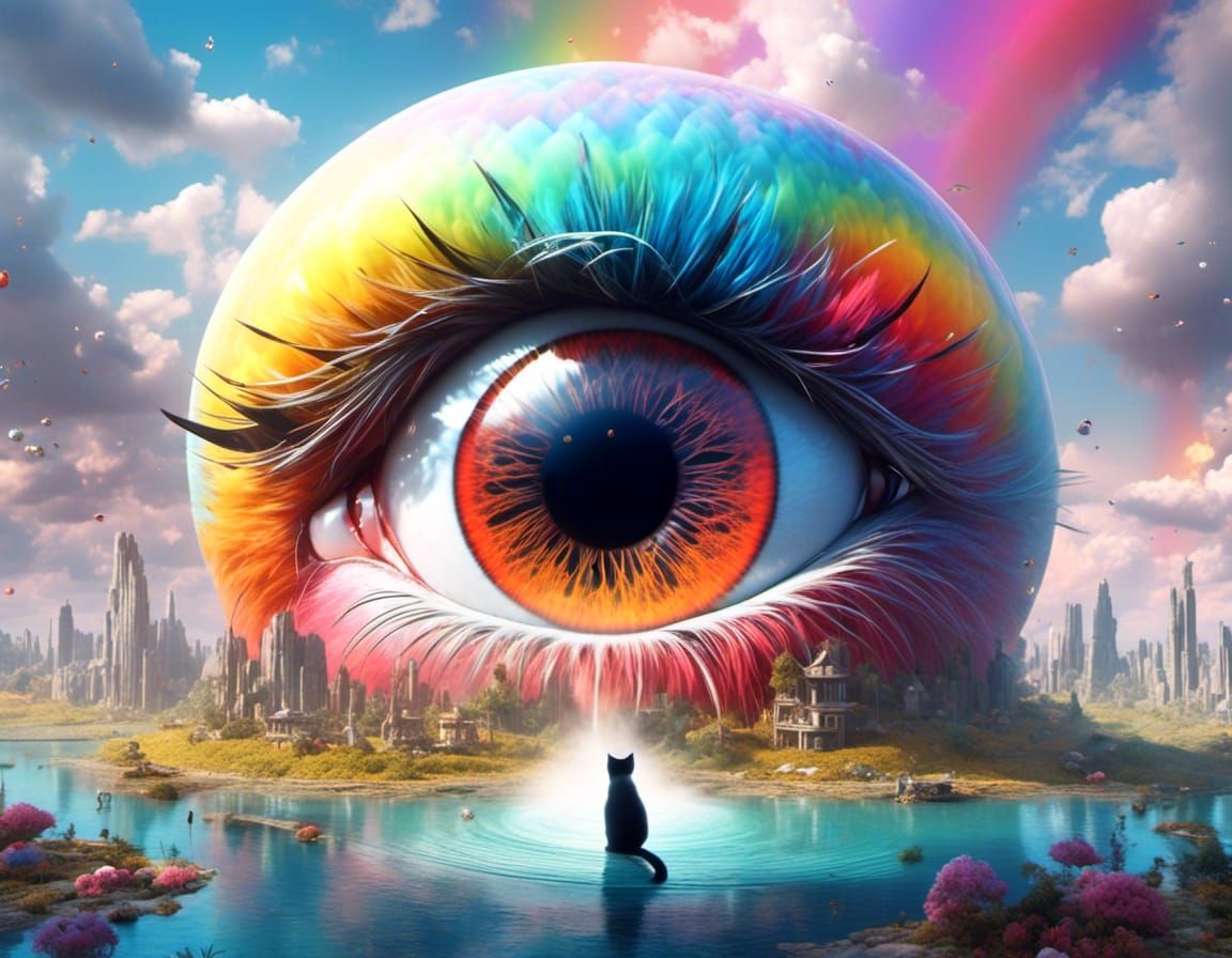 Cat Summons Rainbow Eye: Surreal 3D Anime Art