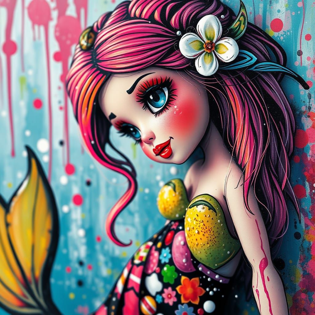 Mermaid in Vibrant April Doll, Graffiti Art