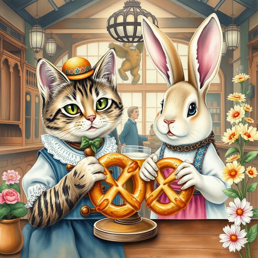 Oktoberfest Animals Enjoying Pretzels as Mixed Media Art