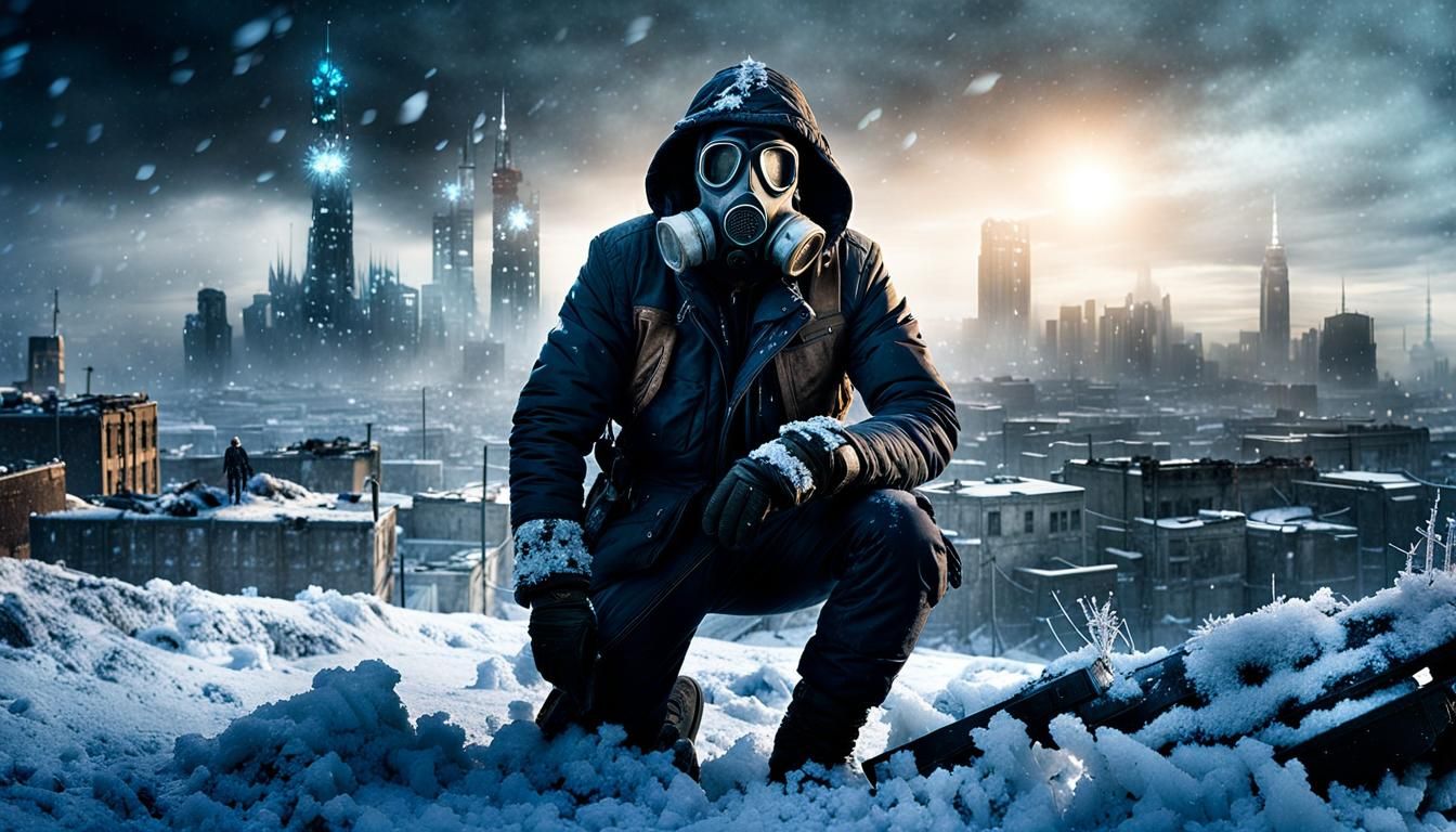 A horrific post-apocalyptic scavenger wearing a gas mask and...