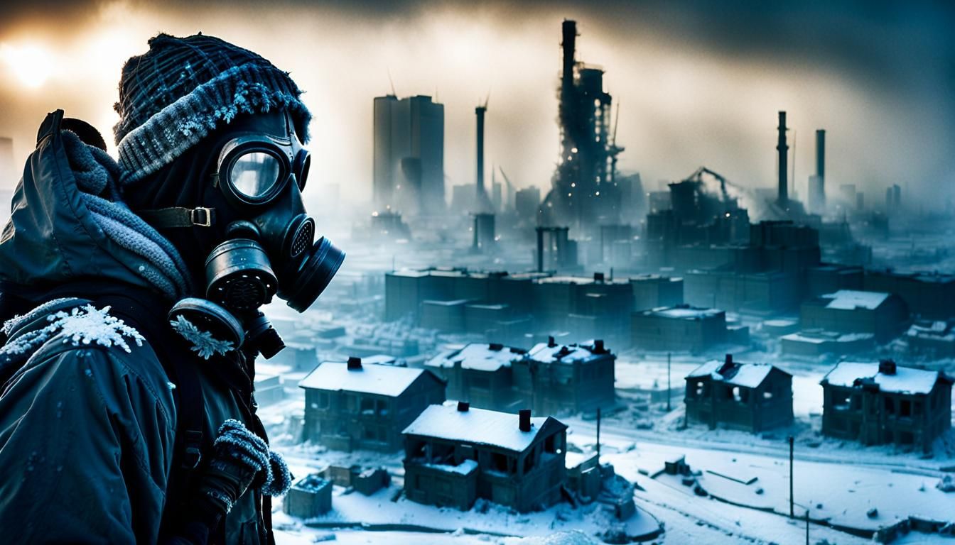 A horrific post-apocalyptic scavenger wearing a gas mask and...