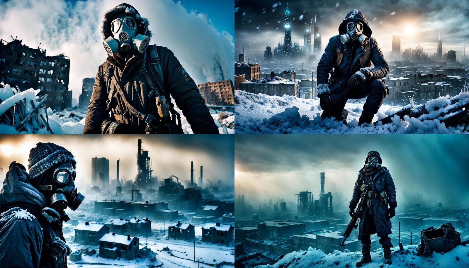 A horrific post-apocalyptic scavenger wearing a gas mask and...