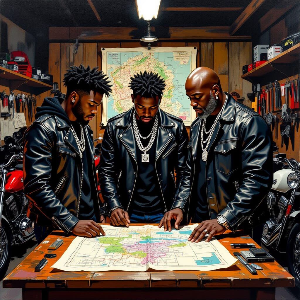 Teenagers Study Map with Boss in Motorcycle Shop