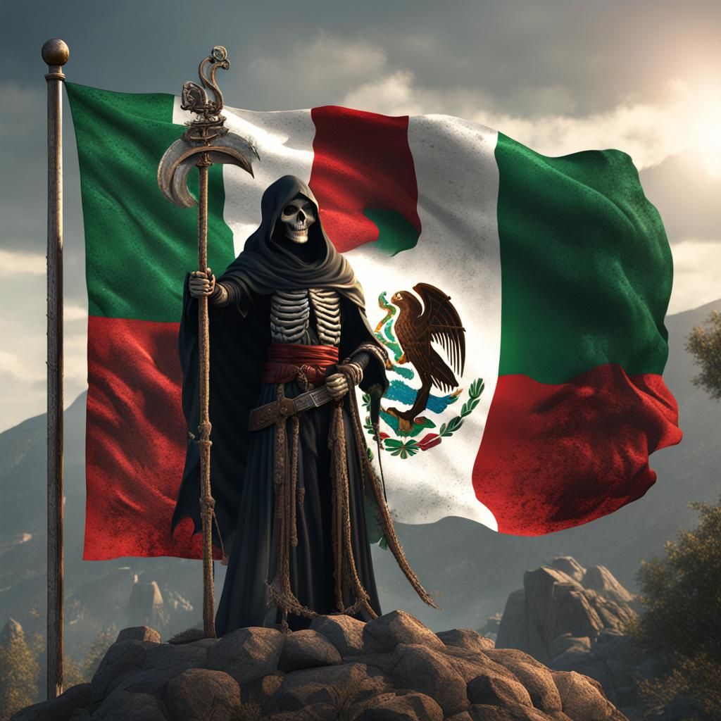 Mexican Flag with Holy Death in Detailed Digital Art