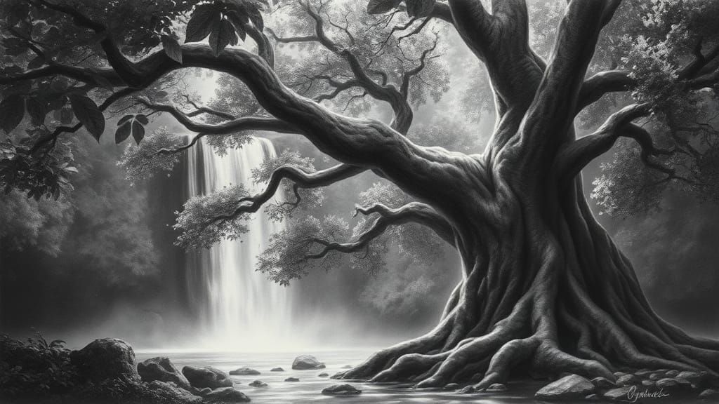 Ancient Tree by Magic Waterfall: Charcoal Fantasy Art