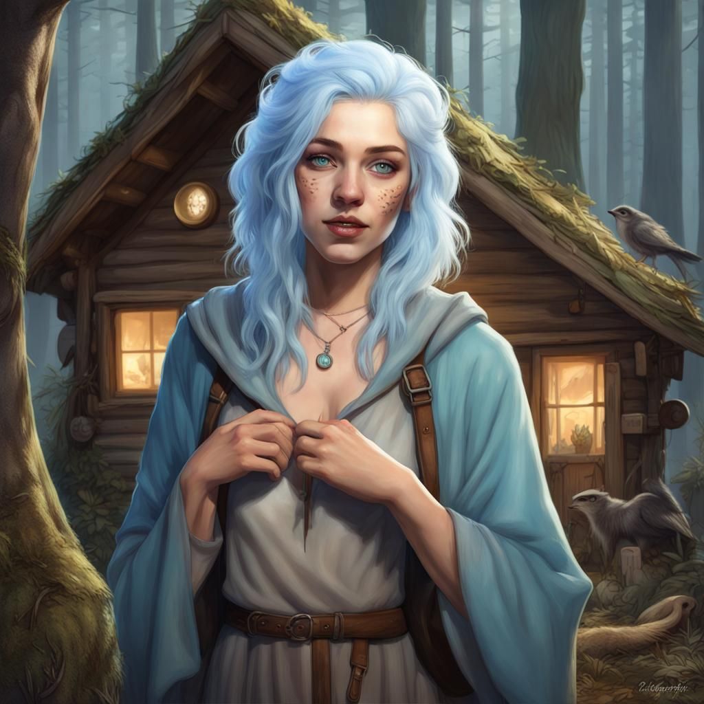 female fae in her late 20s, light blueish skin, light blue hair in a midbob with a cheeky smile on her face and silver f...