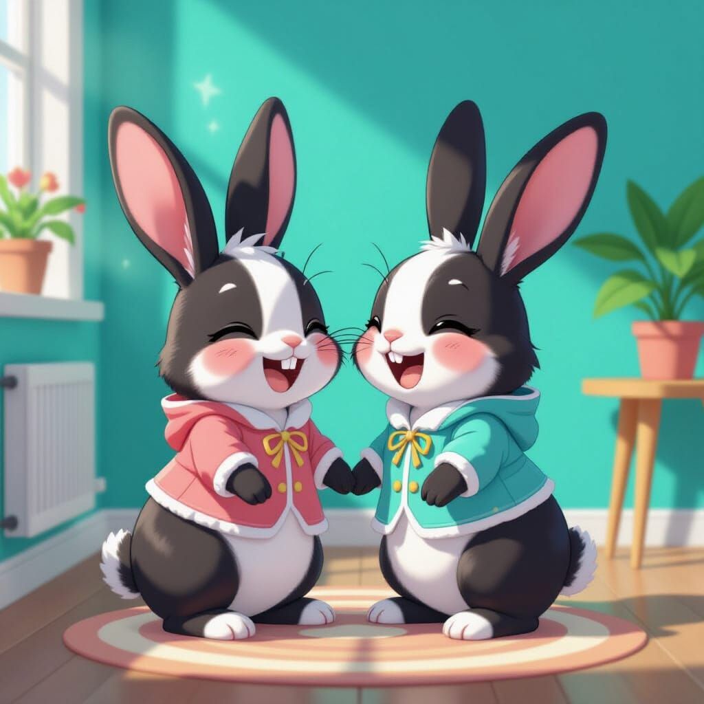 Laughing Bunnies in Turquoise Room, Manga Style