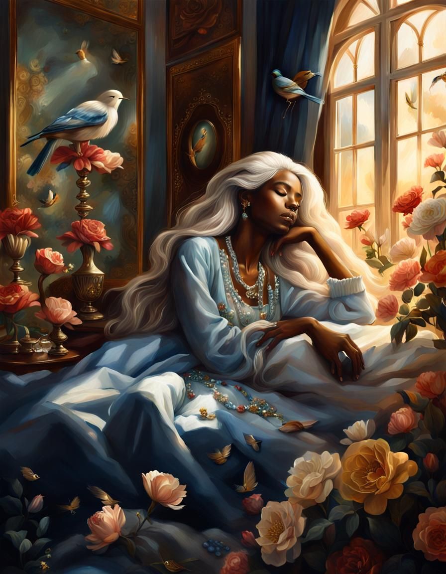 Sleeping Beauty Portrait with Flowers and Jewels