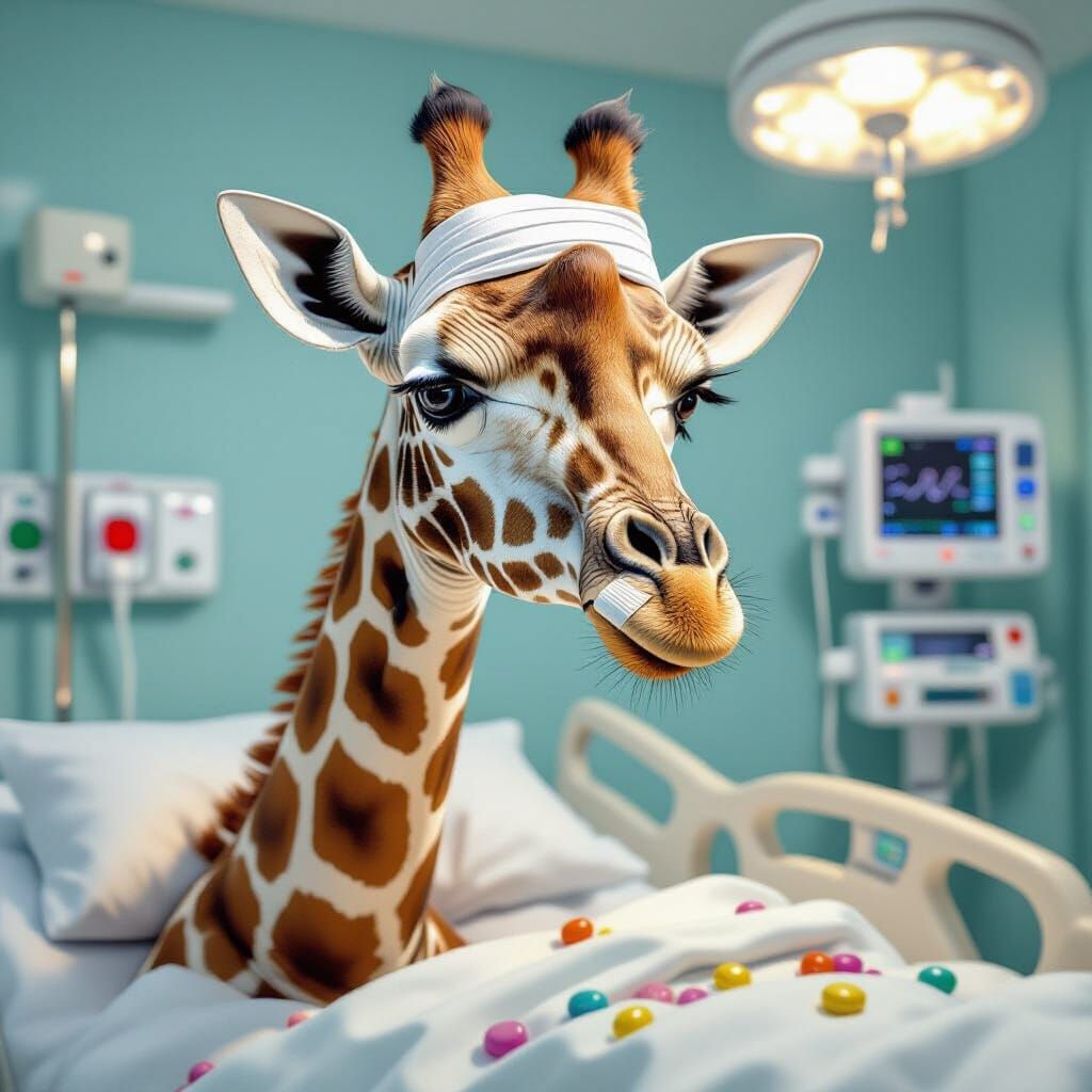 Bandaged Giraffe in Hospital, Candy Art Style