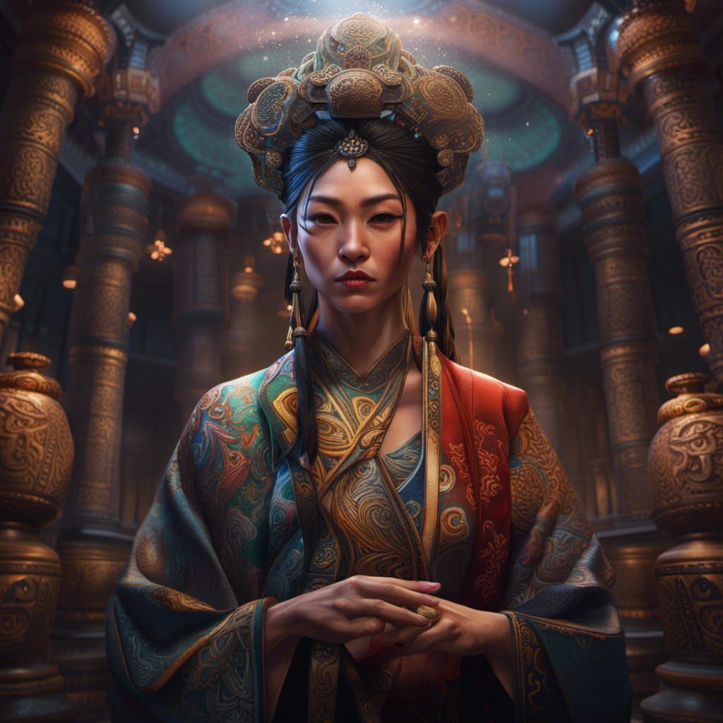 Hyperrealistic Oriental Temple Priestess Concept Art