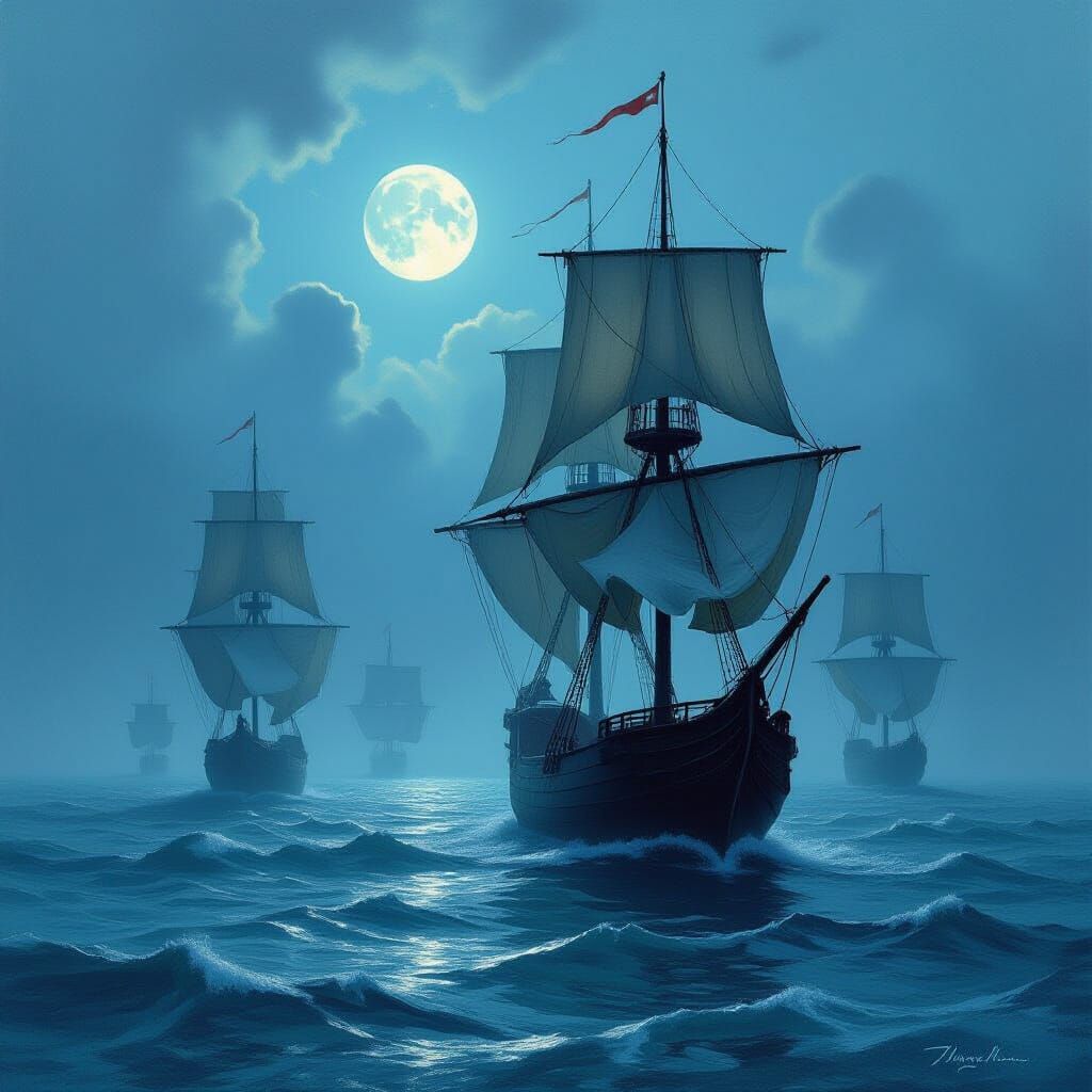 Mysterious Ghost Ships on a Moonlit Sea