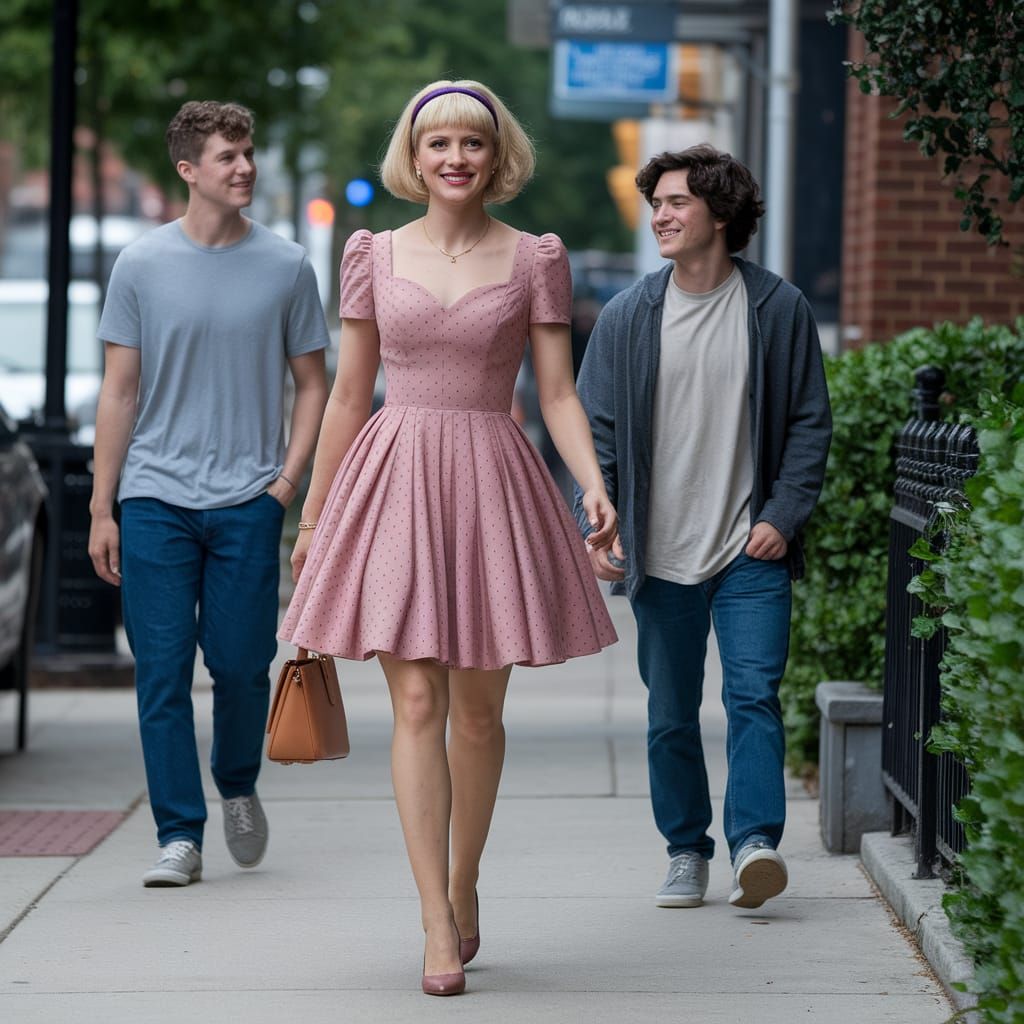 Young Man in Minidress Walking on Sidewalk