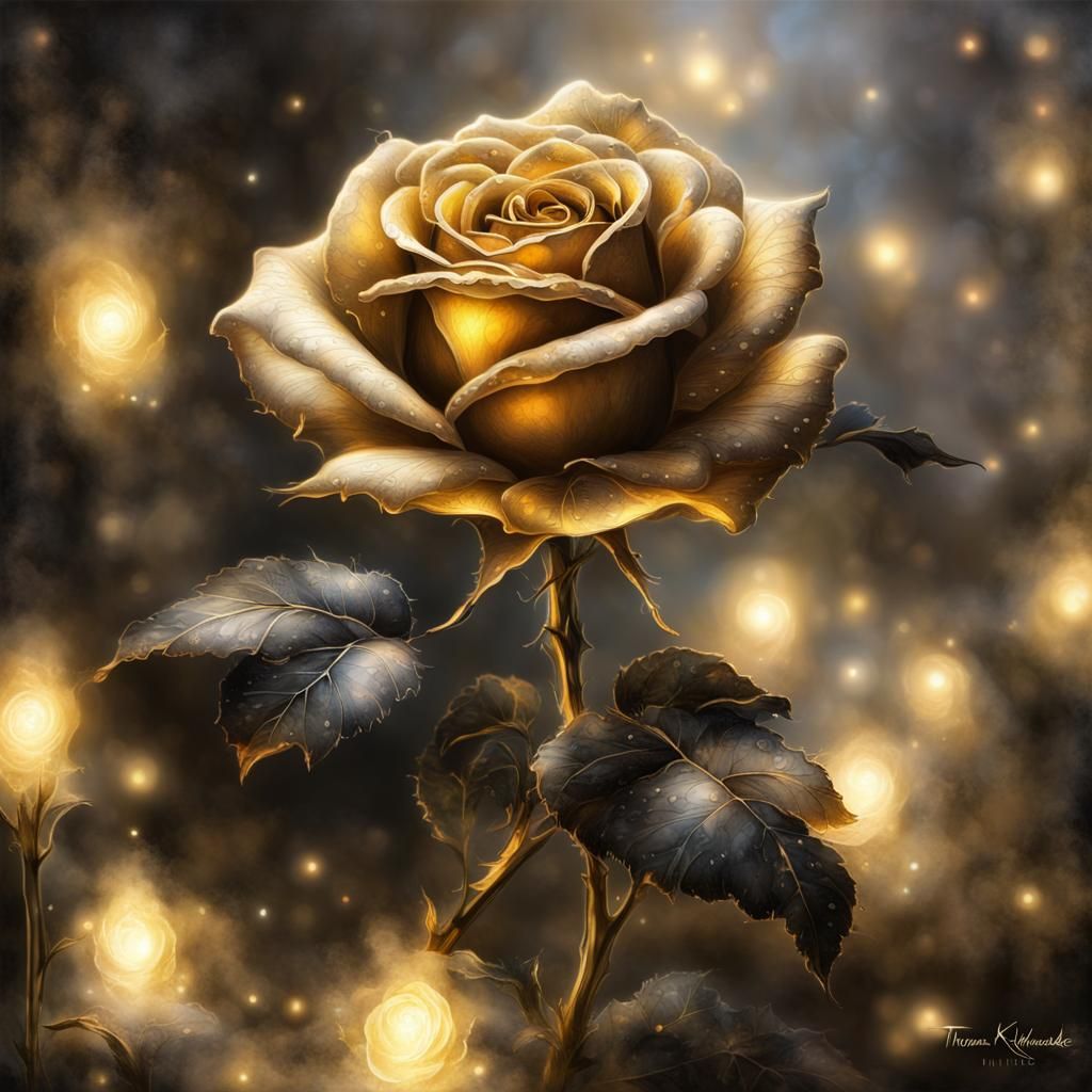 Ethereal Gold and Black Rose with Lights