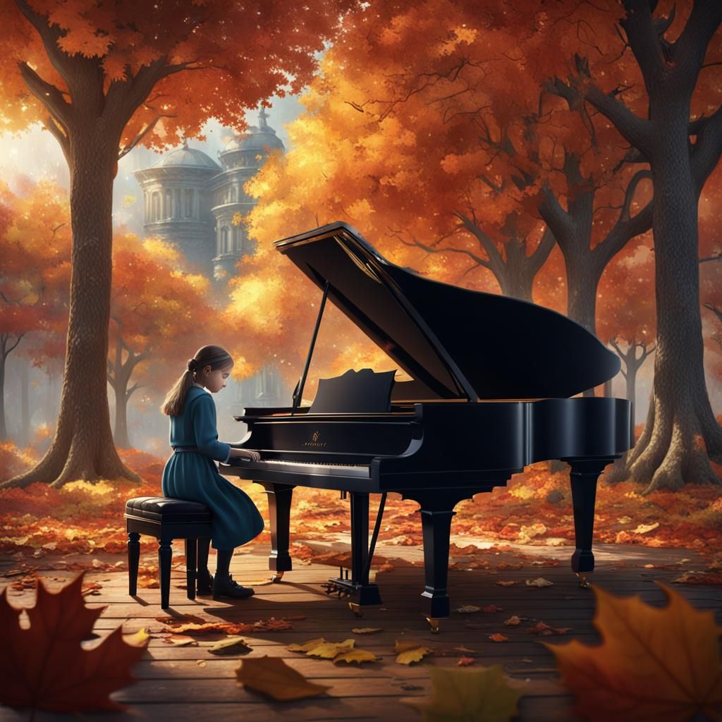 forlorn girl playing a sad melody on a grand piano, with aut...