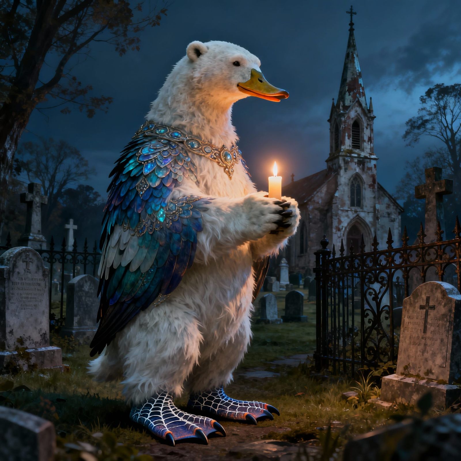 Duck-Polar Bear Hybrid Holding Candle in Graveyard