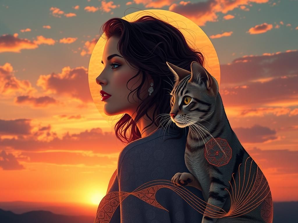 Dreamlike Woman and Cat in Art Brut Style