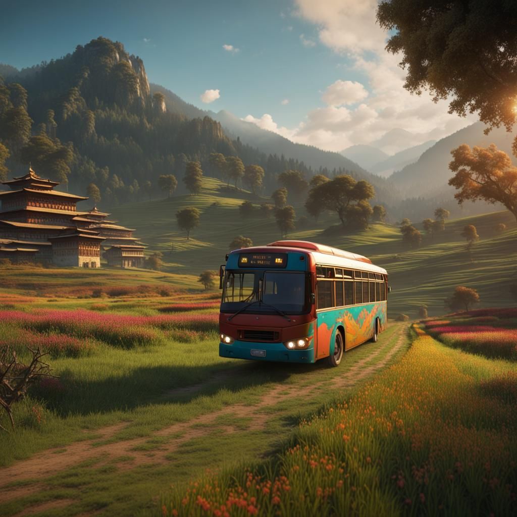 Bhutan Farmland Bus Journey: Detailed Matte Painting