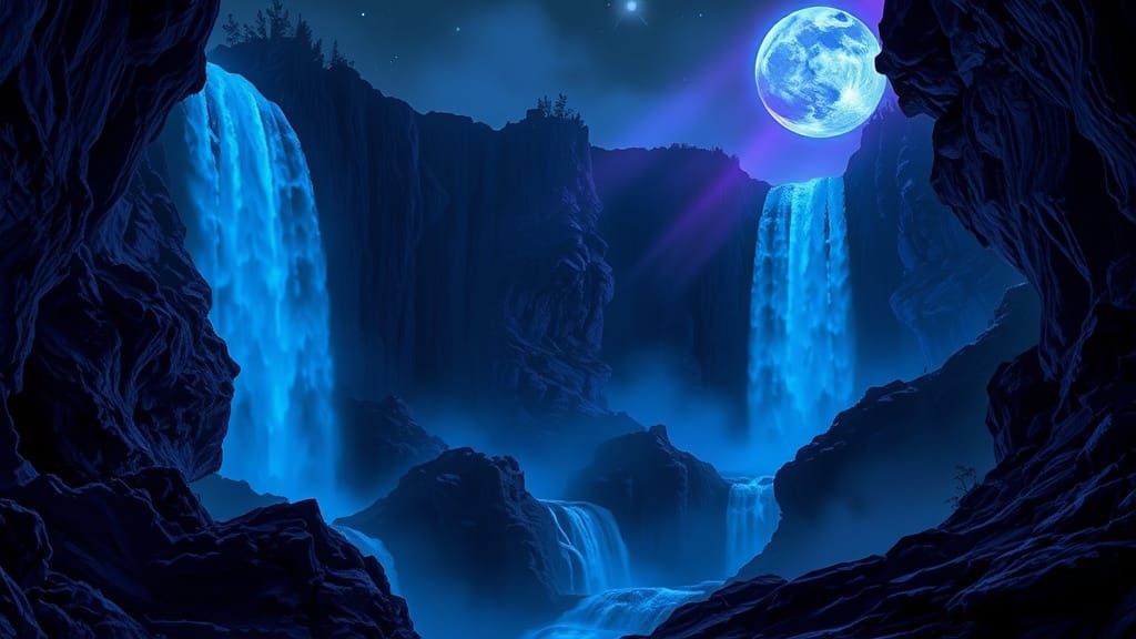 Hyperrealistic Sapphire Waterfalls in Neon Noir Style
