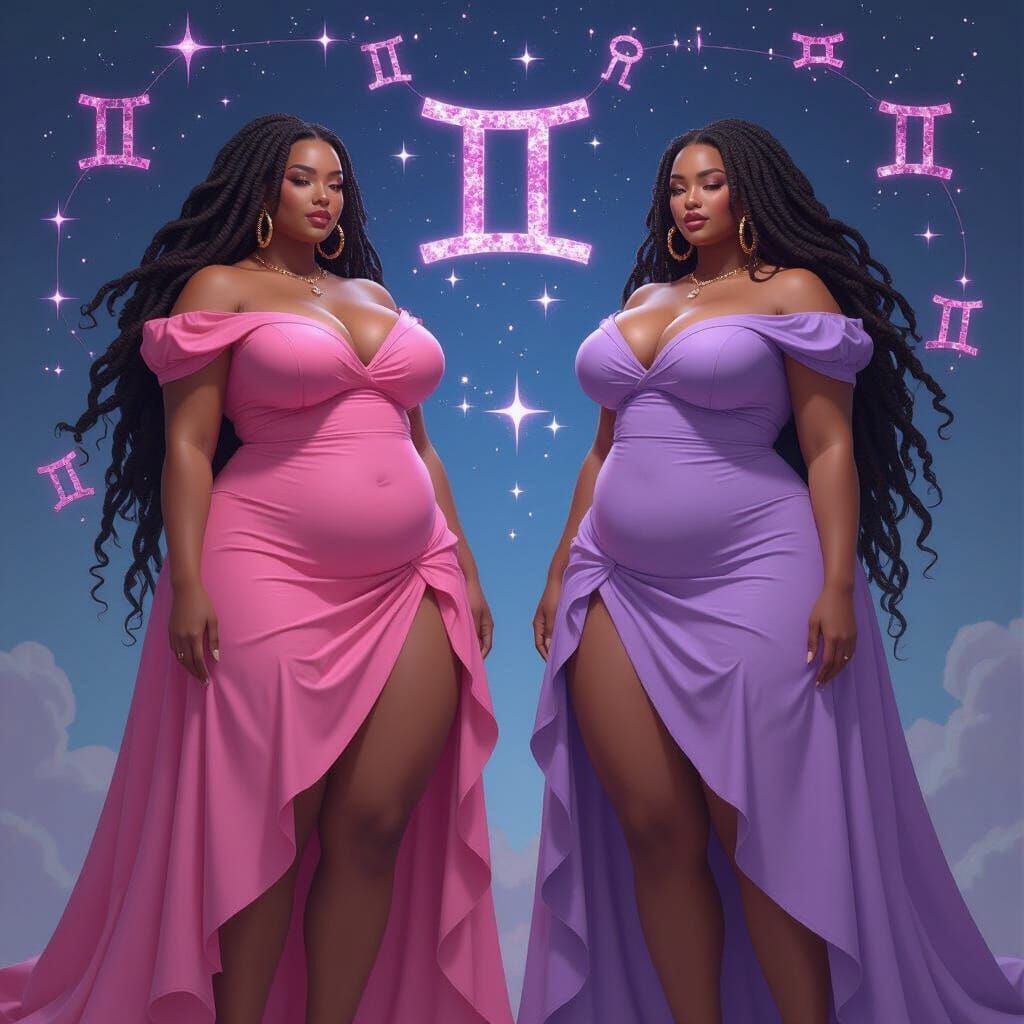 Gemini Goddesses in Pink and Lavender Amidst Constellation